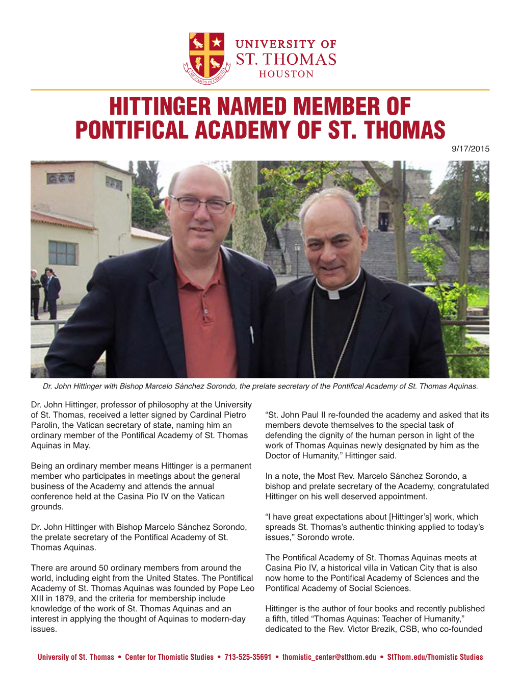 Hittinger Named Member of Pontifical Academy of St