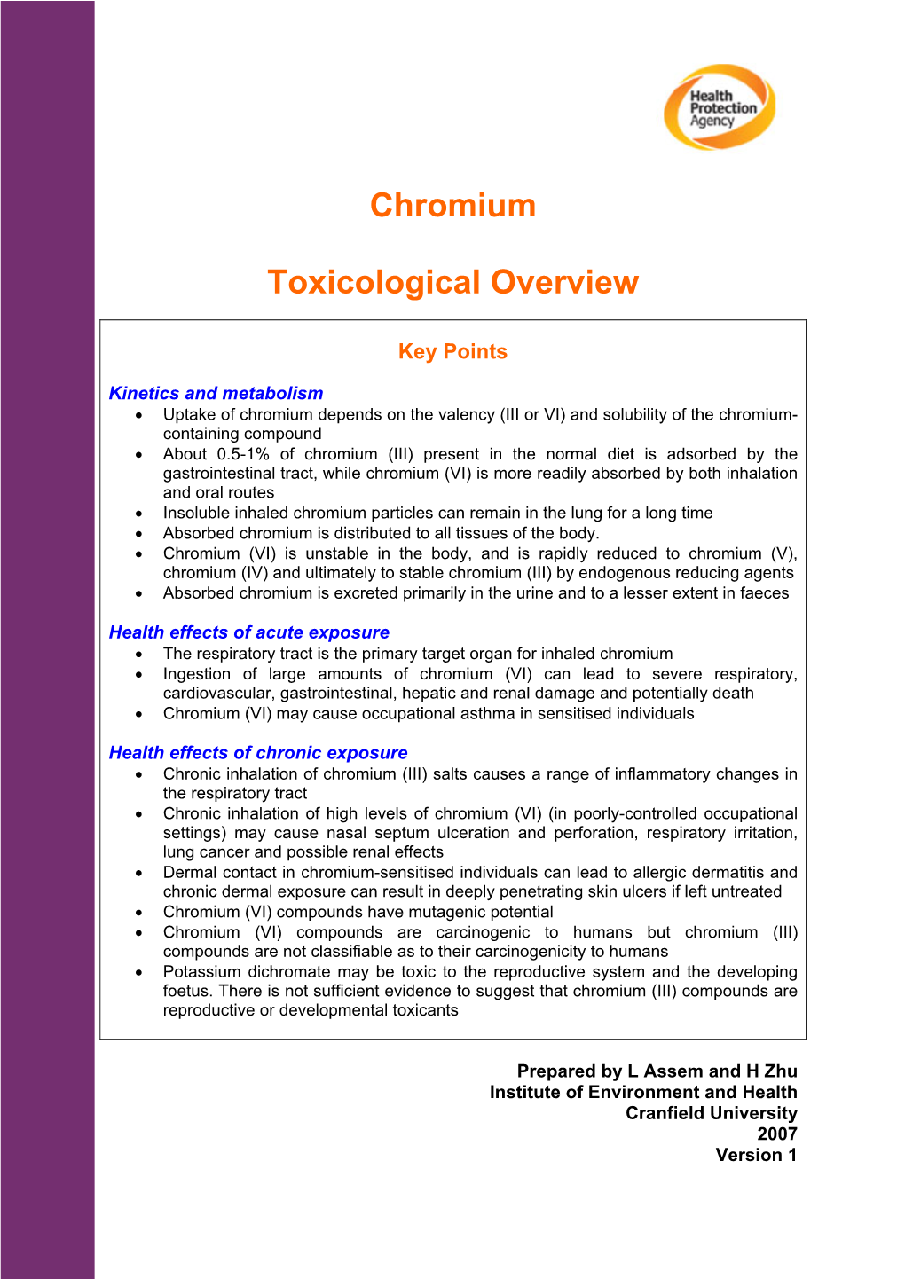 Chromium Toxicological Overview