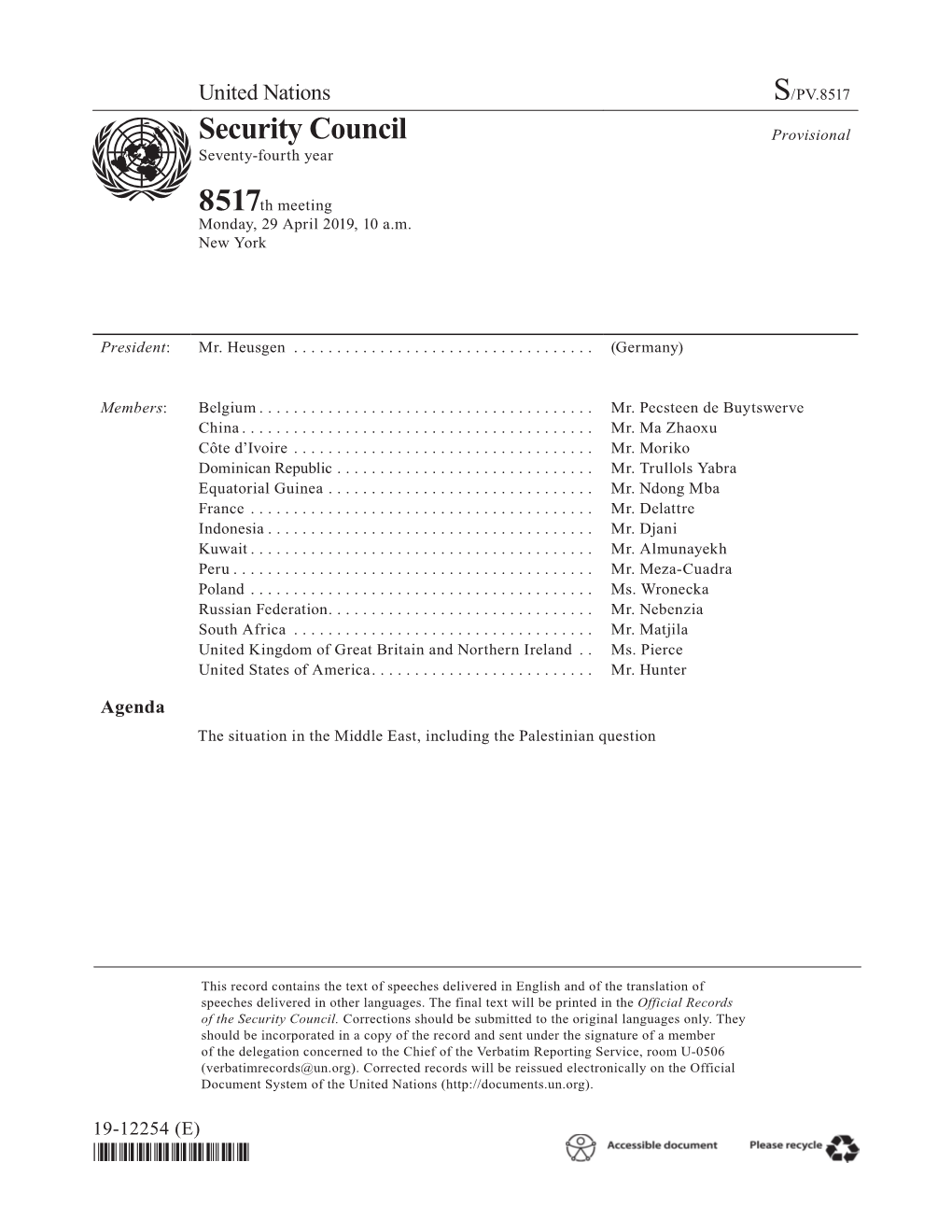 S/PV.8517 the Situation in the Middle East, Including the Palestinian Question 29/04/2019