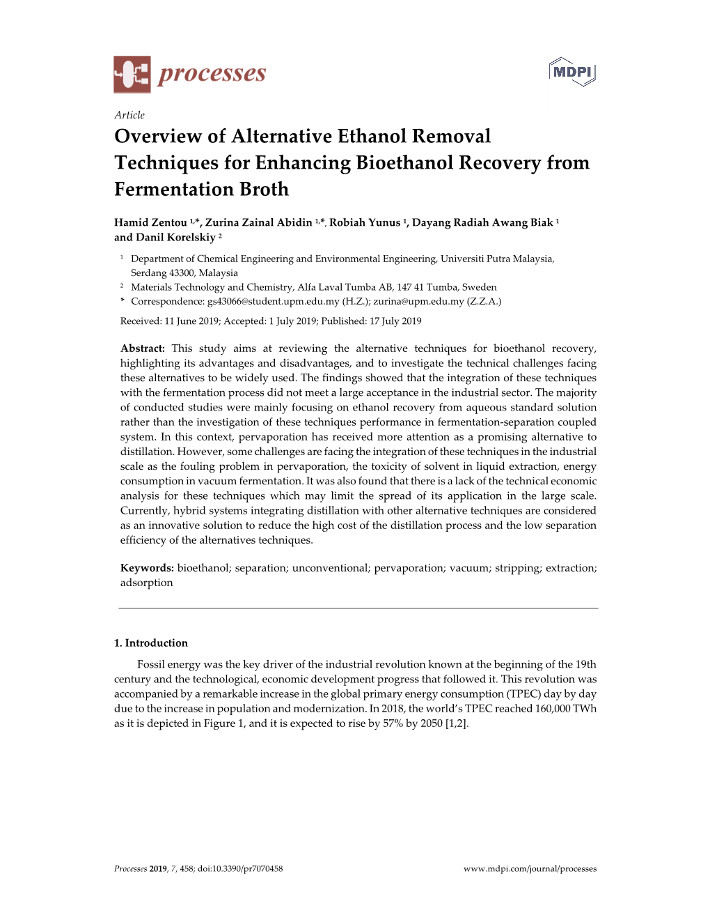 Overview of Alternative Ethanol Removal Techniques for Enhancing Bioethanol Recovery from Fermentation Broth