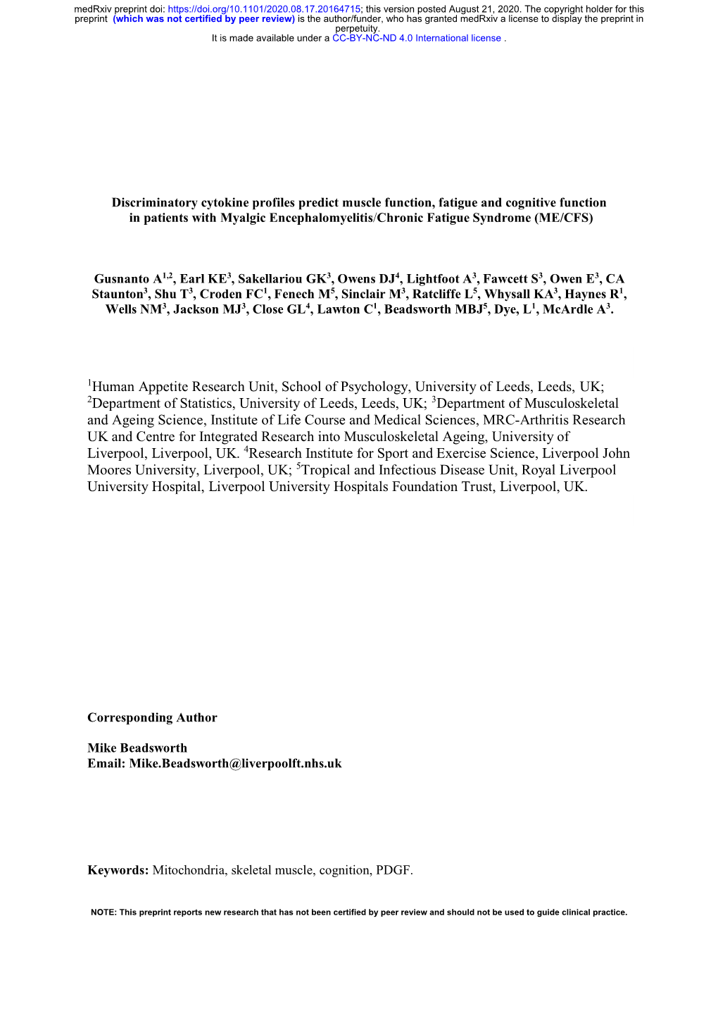 Discriminatory Cytokine Profiles Predict Muscle Function, Fatigue and Cognitive Function in Patients with Myalgic Encephalomyelitis/Chronic Fatigue Syndrome (ME/CFS)