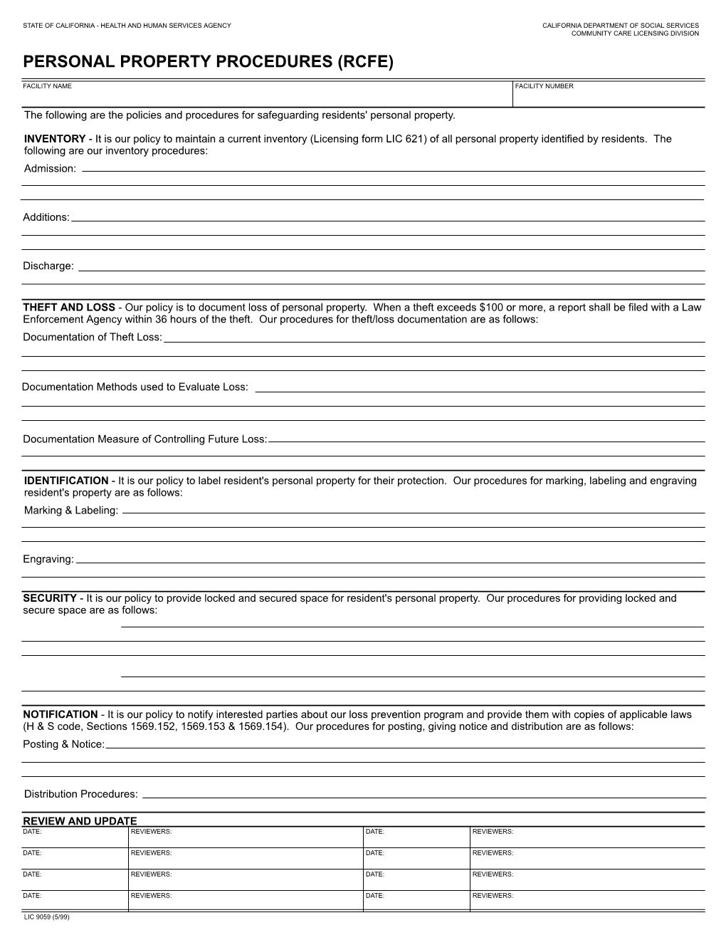 Lic 9059 (5/99) Personal Property Procedures