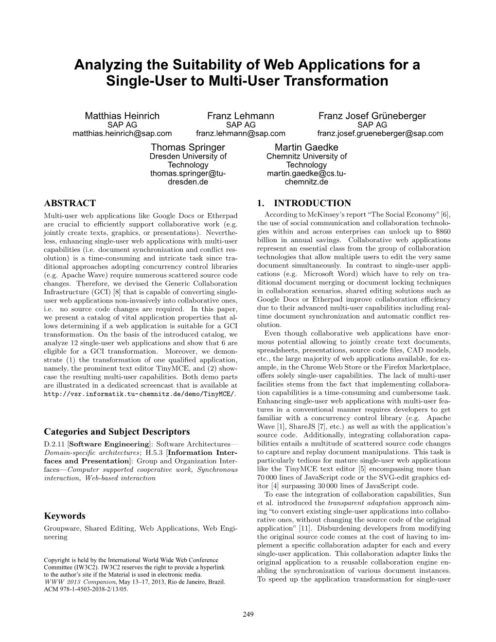 Analyzing the Suitability of Web Applications for a Single-User to Multi-User Transformation