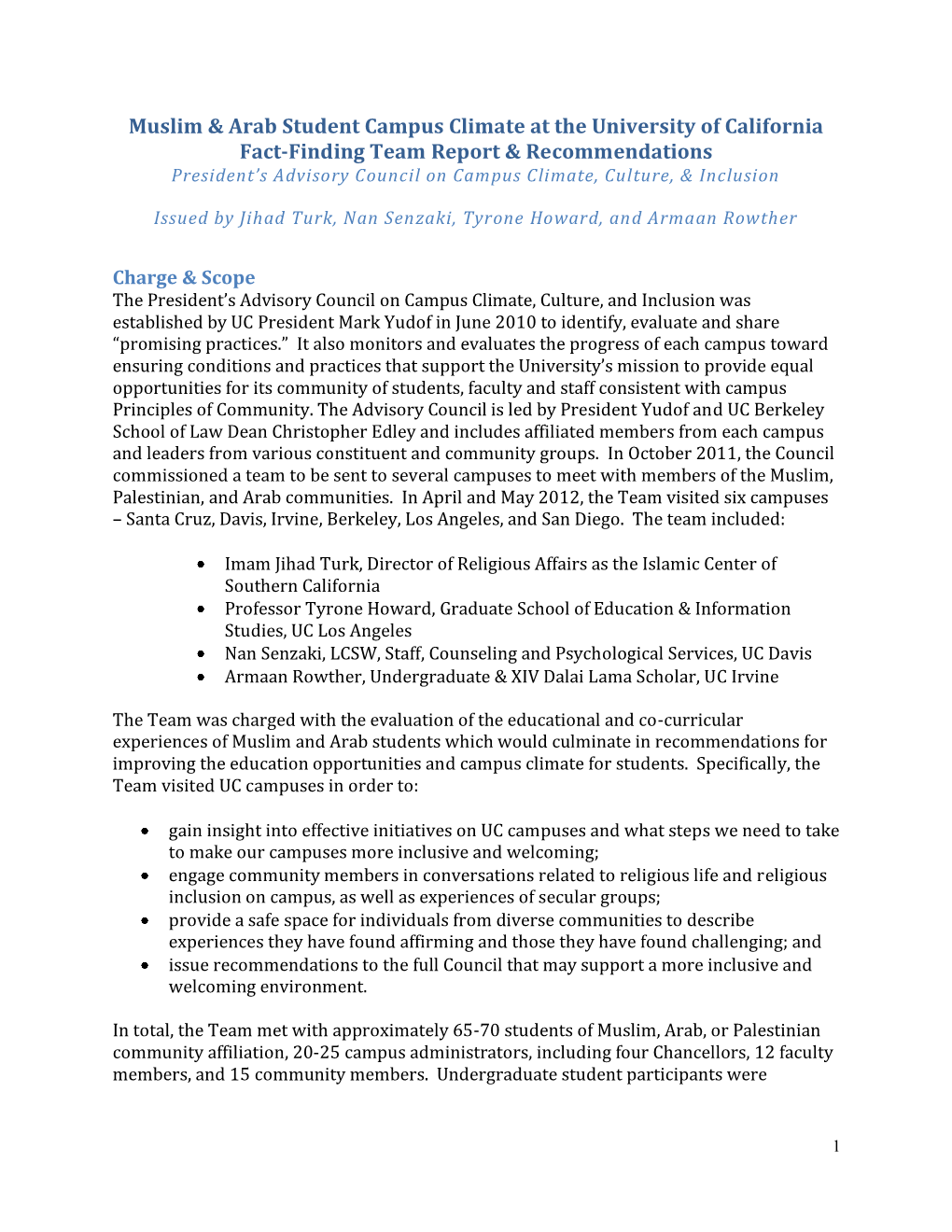 Muslim & Arab Student Campus Climate at the University of California Fact-Finding Team Report & Recommendations