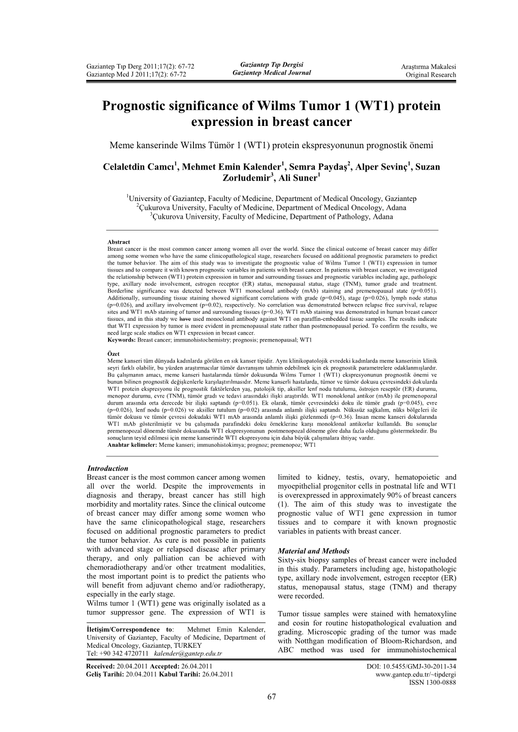 (WT1) Protein Expression in Breast Cancer