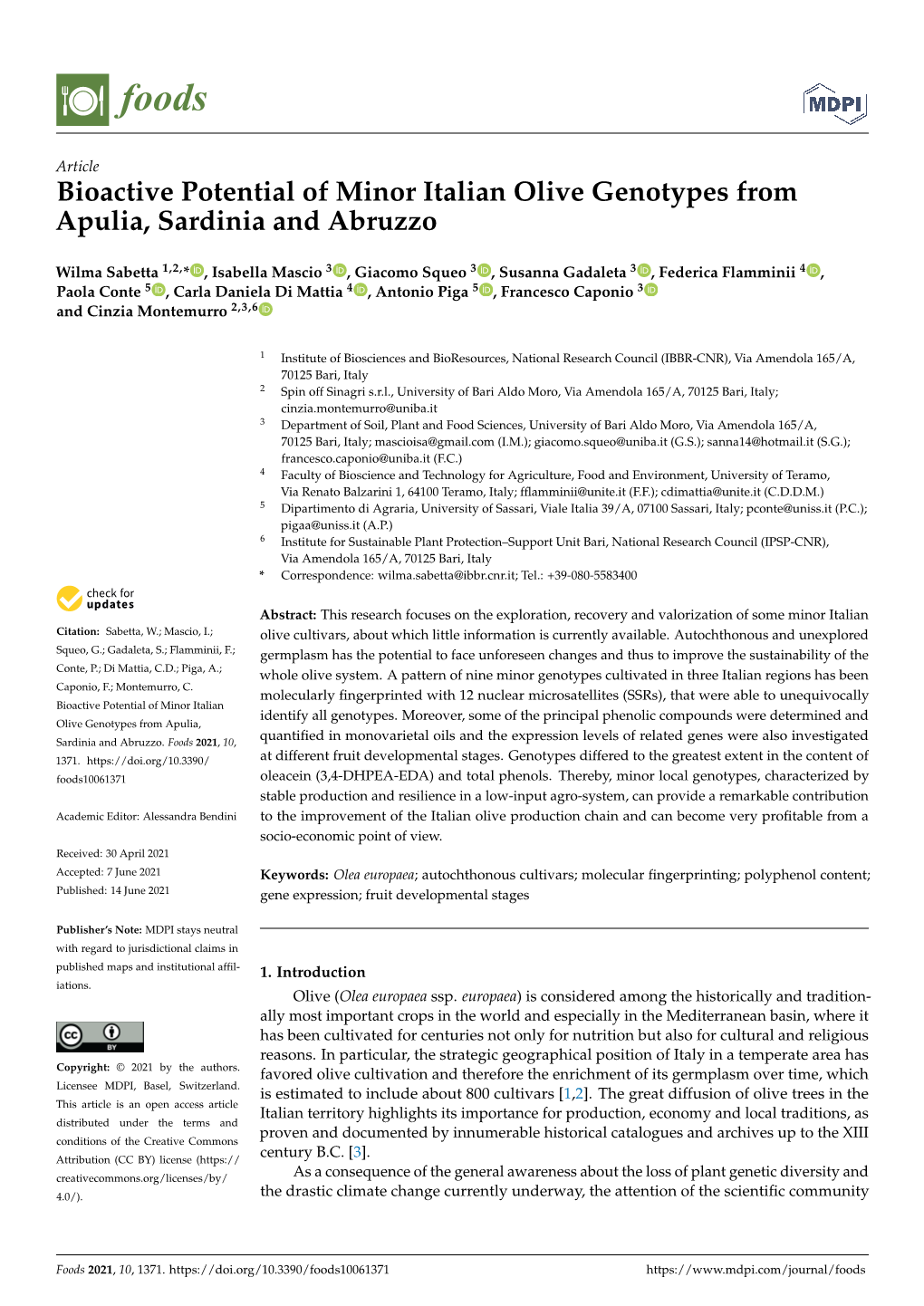 Bioactive Potential of Minor Italian Olive Genotypes from Apulia, Sardinia and Abruzzo