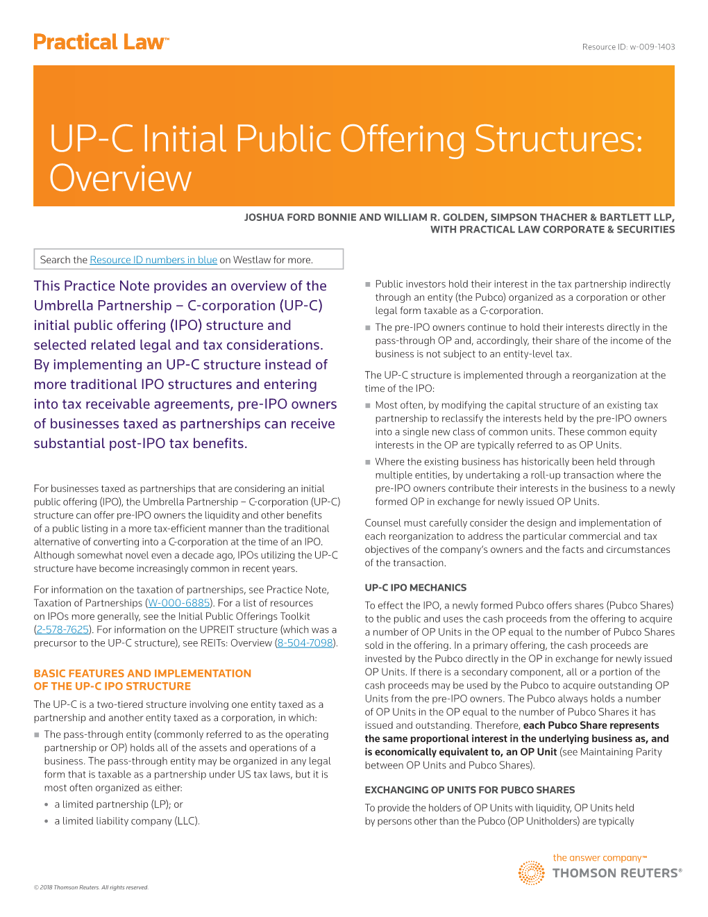 UP-C Initial Public Offering Structures: Overview