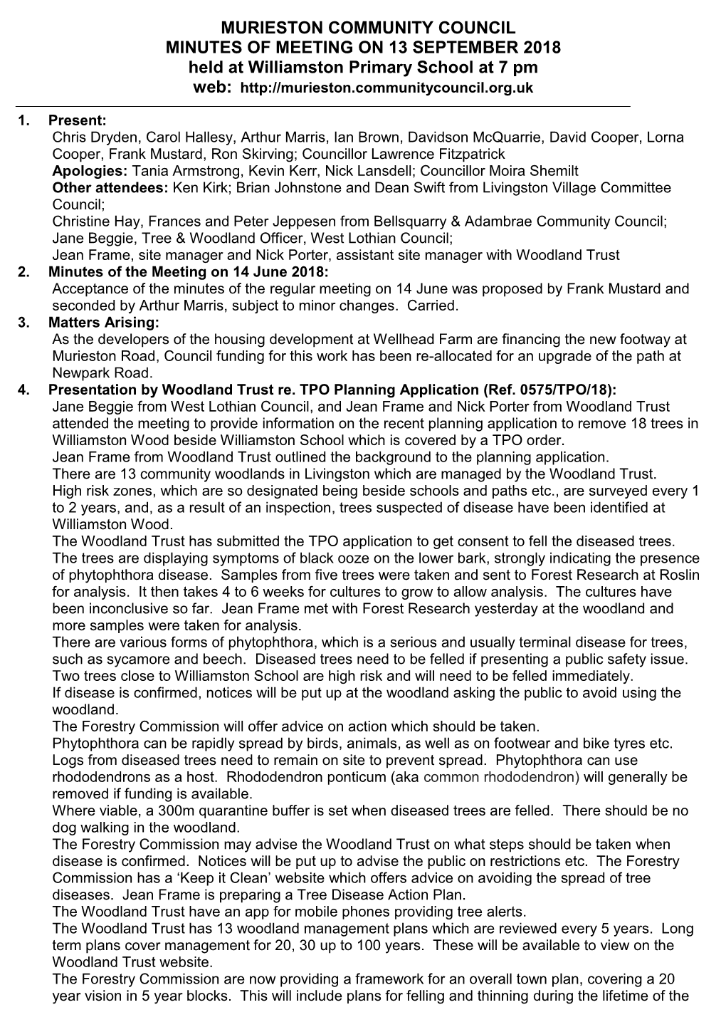 MURIESTON COMMUNITY COUNCIL MINUTES of MEETING on 13 SEPTEMBER 2018 Held at Williamston Primary School at 7 Pm Web