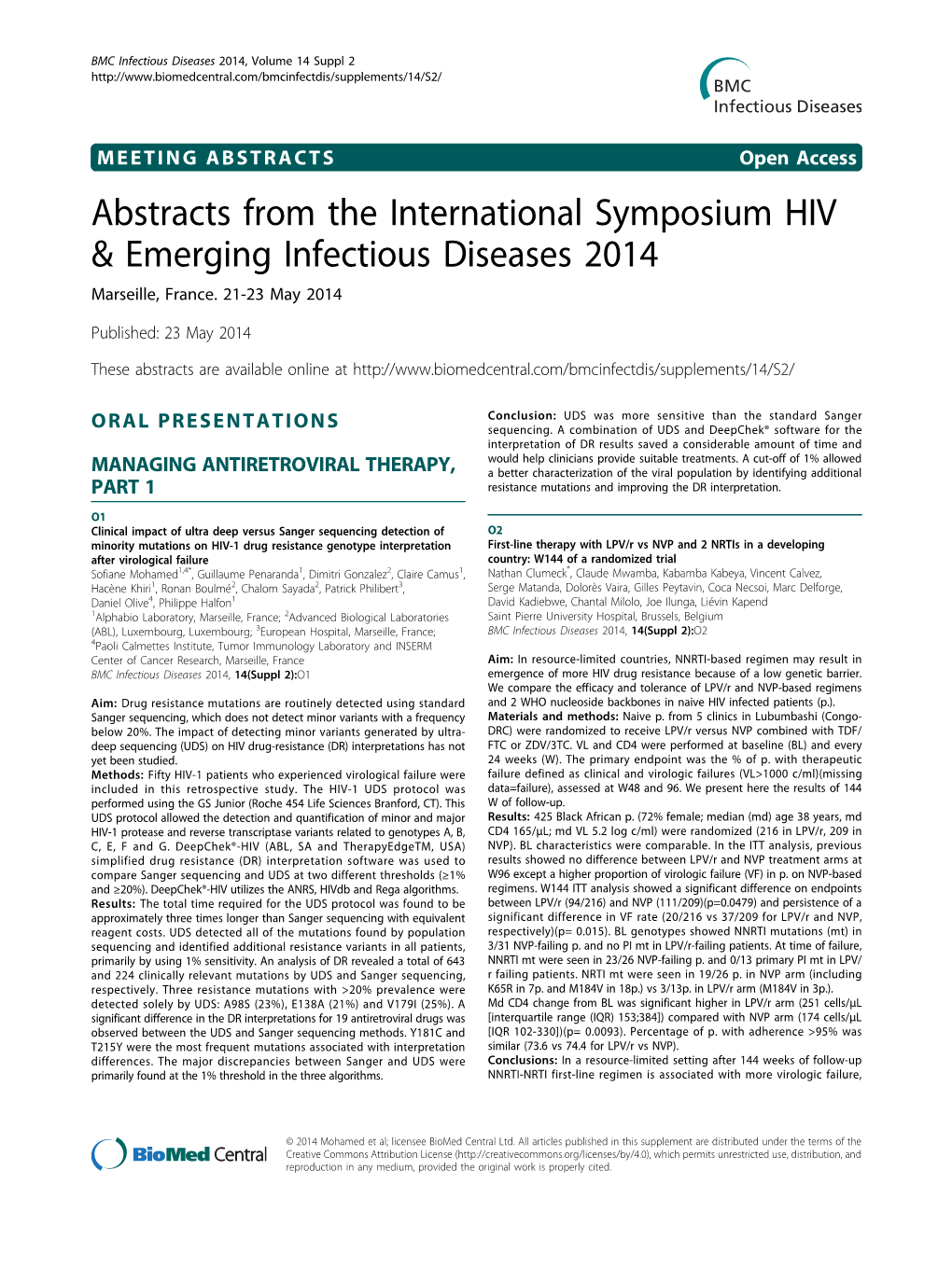 Abstracts from the International Symposium HIV & Emerging Infectious Diseases 2014 Marseille, France