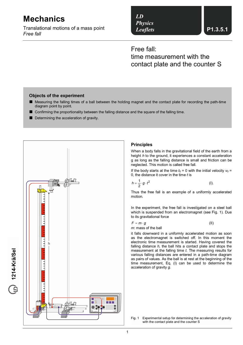 Mechanics Physics Translational Motions of a Mass Point Leaflets P1.3.5.1 Free Fall