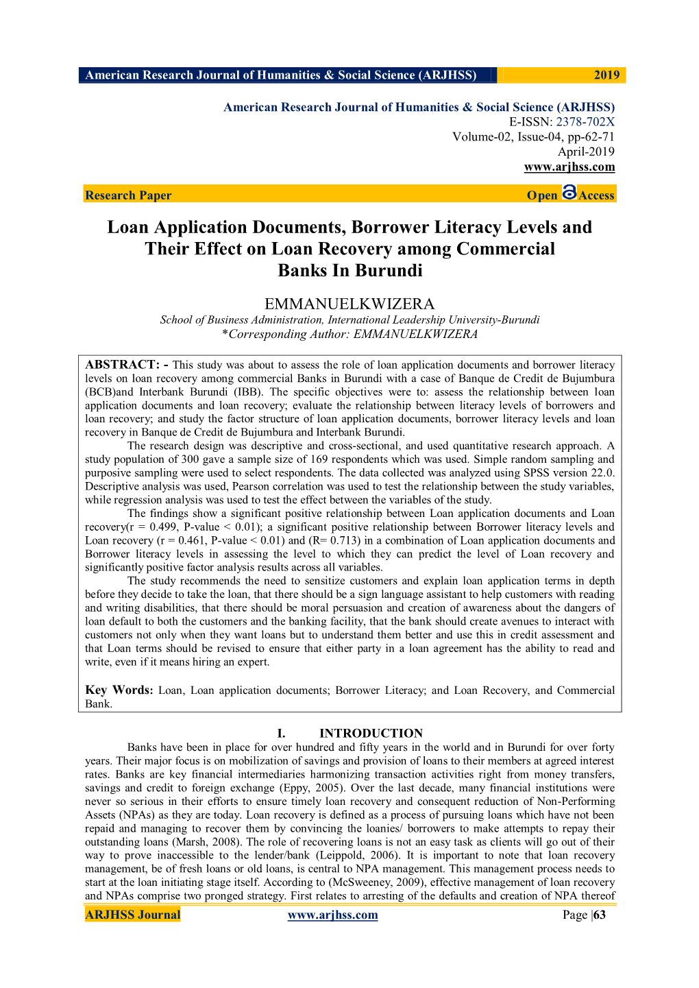 Loan Application Documents, Borrower Literacy Levels and Their Effect on Loan Recovery Among Commercial Banks in Burundi