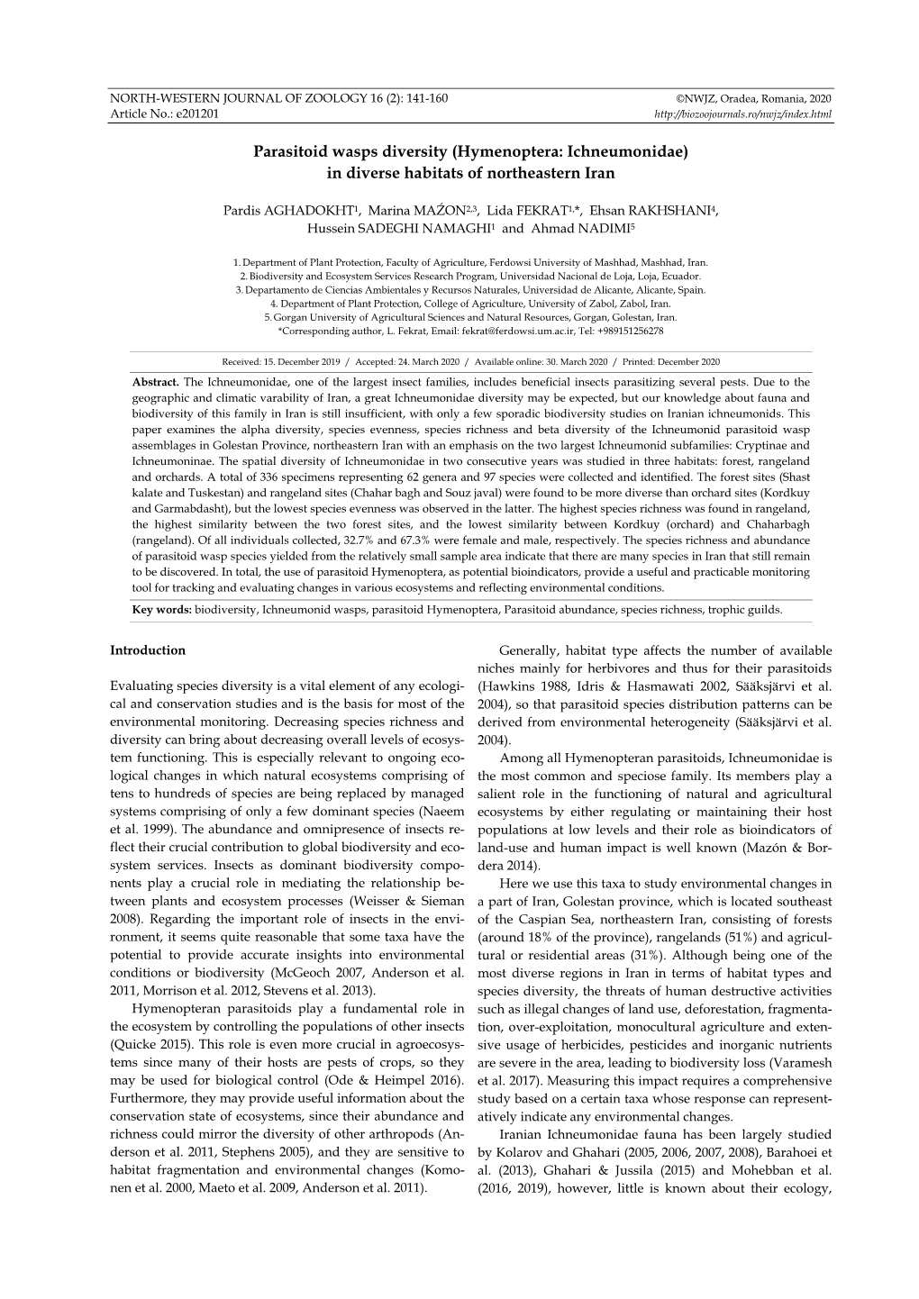 Parasitoid Wasps Diversity (Hymenoptera: Ichneumonidae) in Diverse Habitats of Northeastern Iran