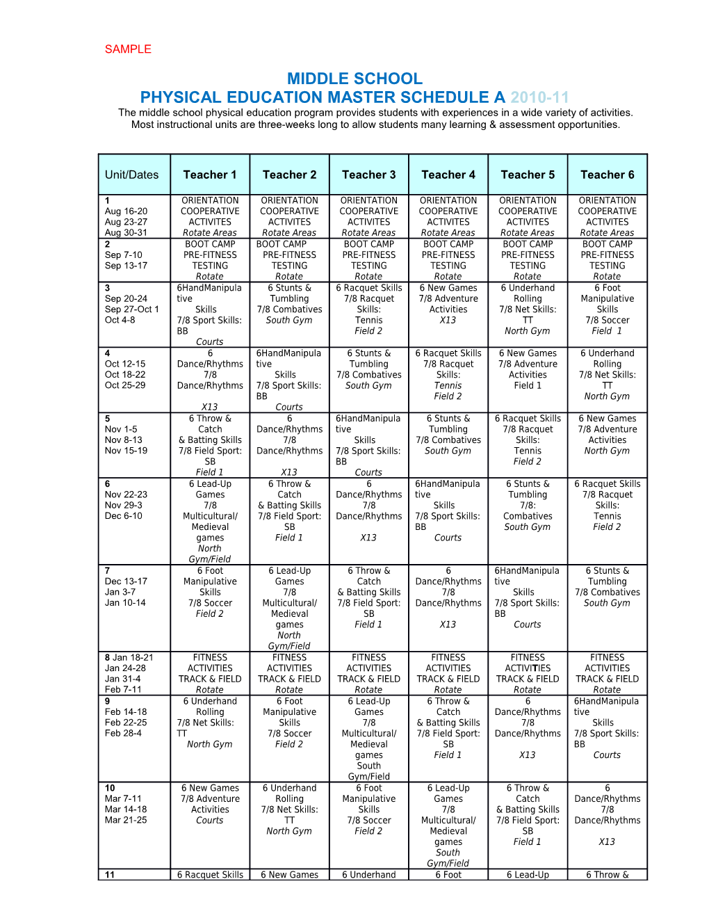 Physical Education Master Schedule a 2010-11