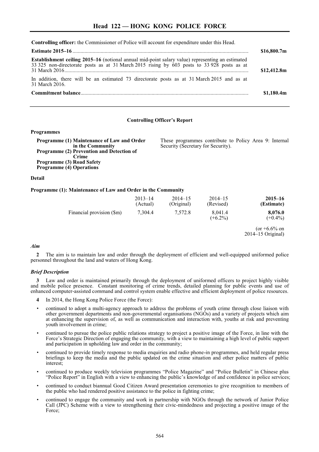 Head 122 — HONG KONG POLICE FORCE