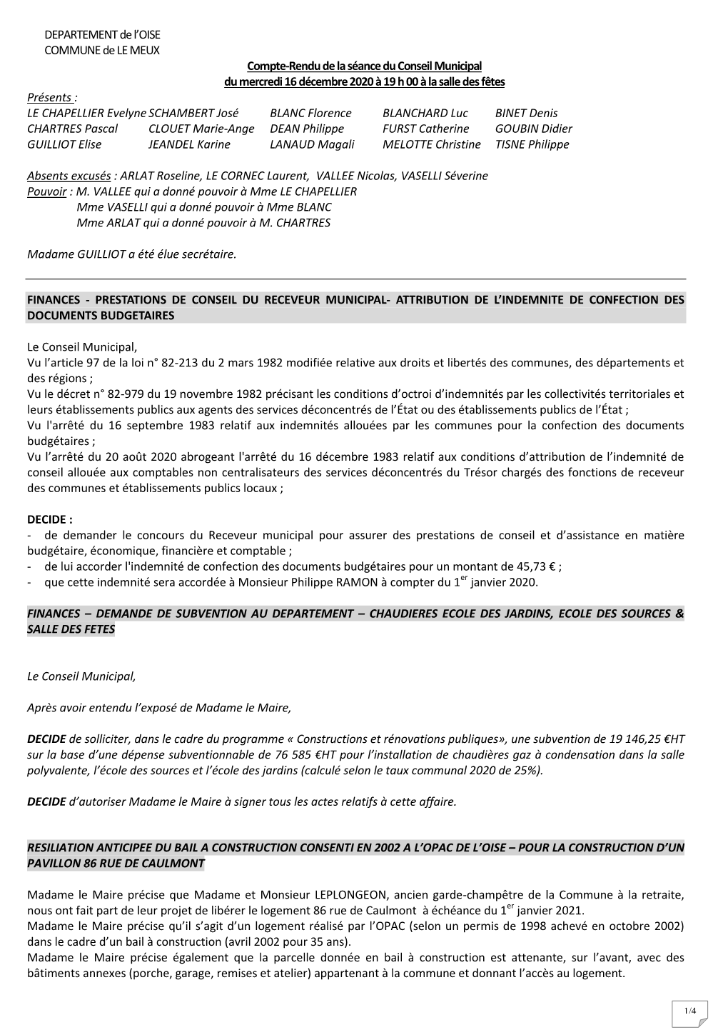 Compte Rendu Du Conseil Municipal Du 16 Décembre 2020