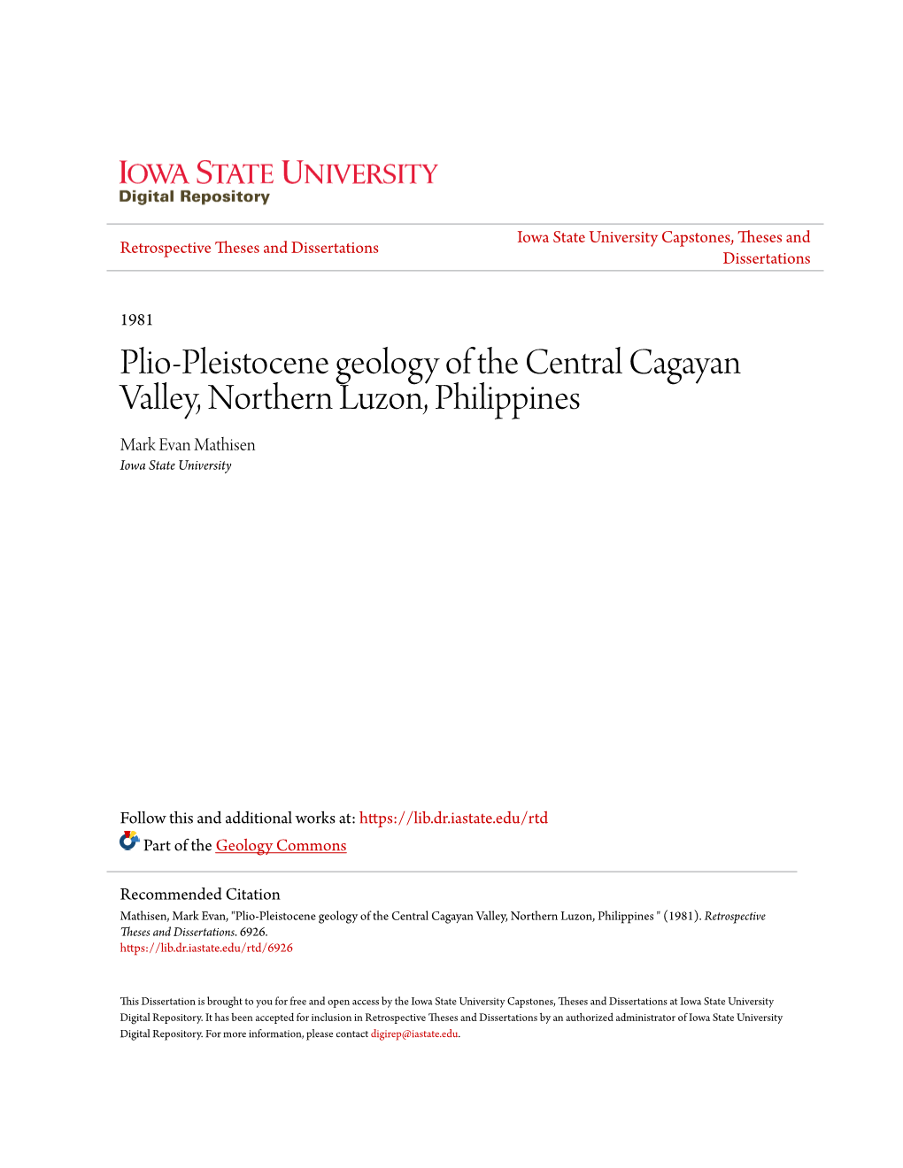 Plio-Pleistocene Geology of the Central Cagayan Valley, Northern Luzon, Philippines Mark Evan Mathisen Iowa State University