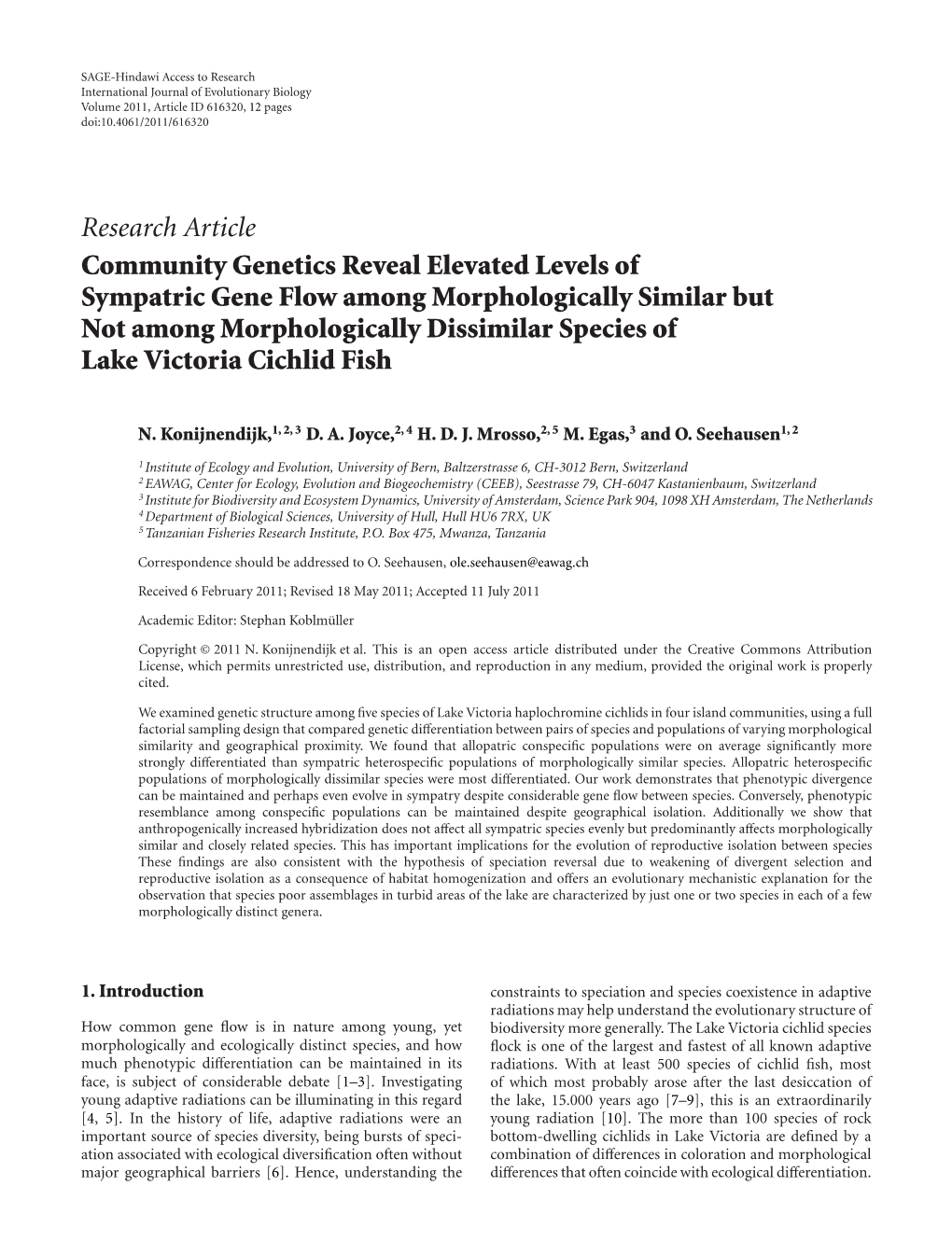 Community Genetics Reveal Elevated Levels of Sympatric Gene Flow Among Morphologically Similar but Not Among Morphologically Dissimilar Species of Lake Victoria Cichlid Fish