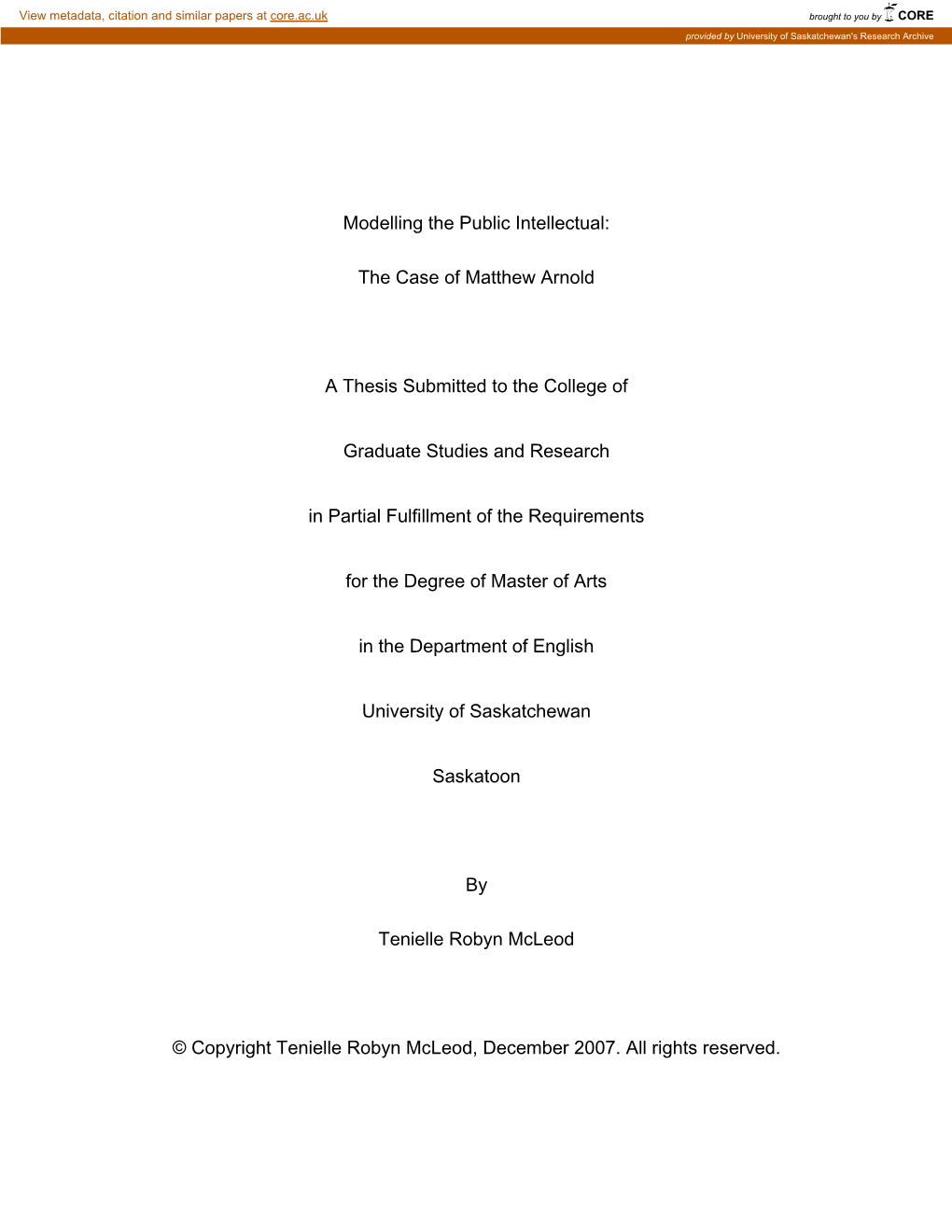 Modelling the Public Intellectual: the Case of Matthew Arnold a Thesis