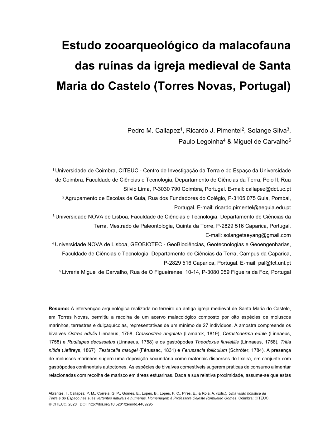 Estudo Zooarqueológico Da Malacofauna Das Ruínas Da Igreja Medieval De Santa Maria Do Castelo (Torres Novas, Portugal)