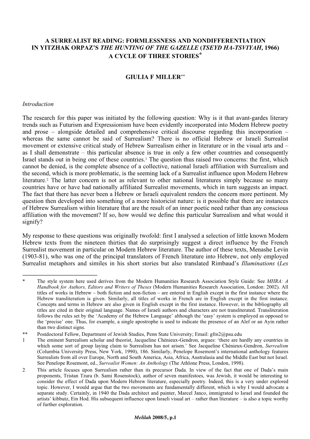 A Surrealist Reading: Formlessness and Nondifferentiation in Yitzhak Orpaz’S the Hunting of the Gazelle (Tseyd Ha-Tsviyah, 1966) a Cycle of Three Stories*