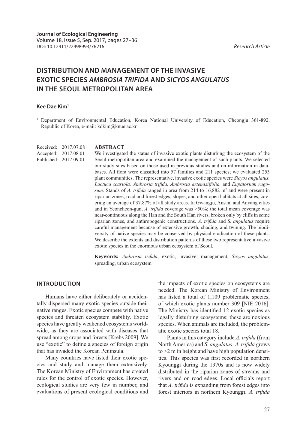Distribution and Management of the Invasive Exotic Species Ambrosia Trifida and Sicyos Angulatus in the Seoul Metropolitan Area