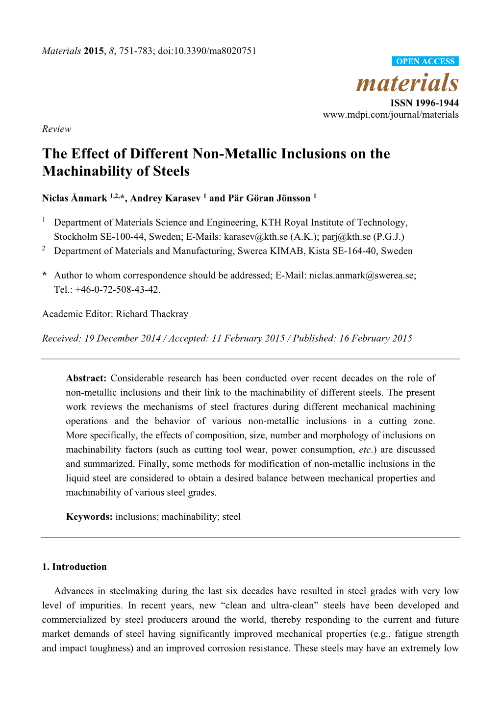 The Effect of Different Non-Metallic Inclusions on the Machinability of Steels