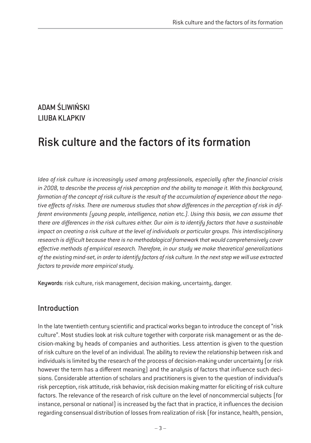 Risk Culture and the Factors of Its Formation