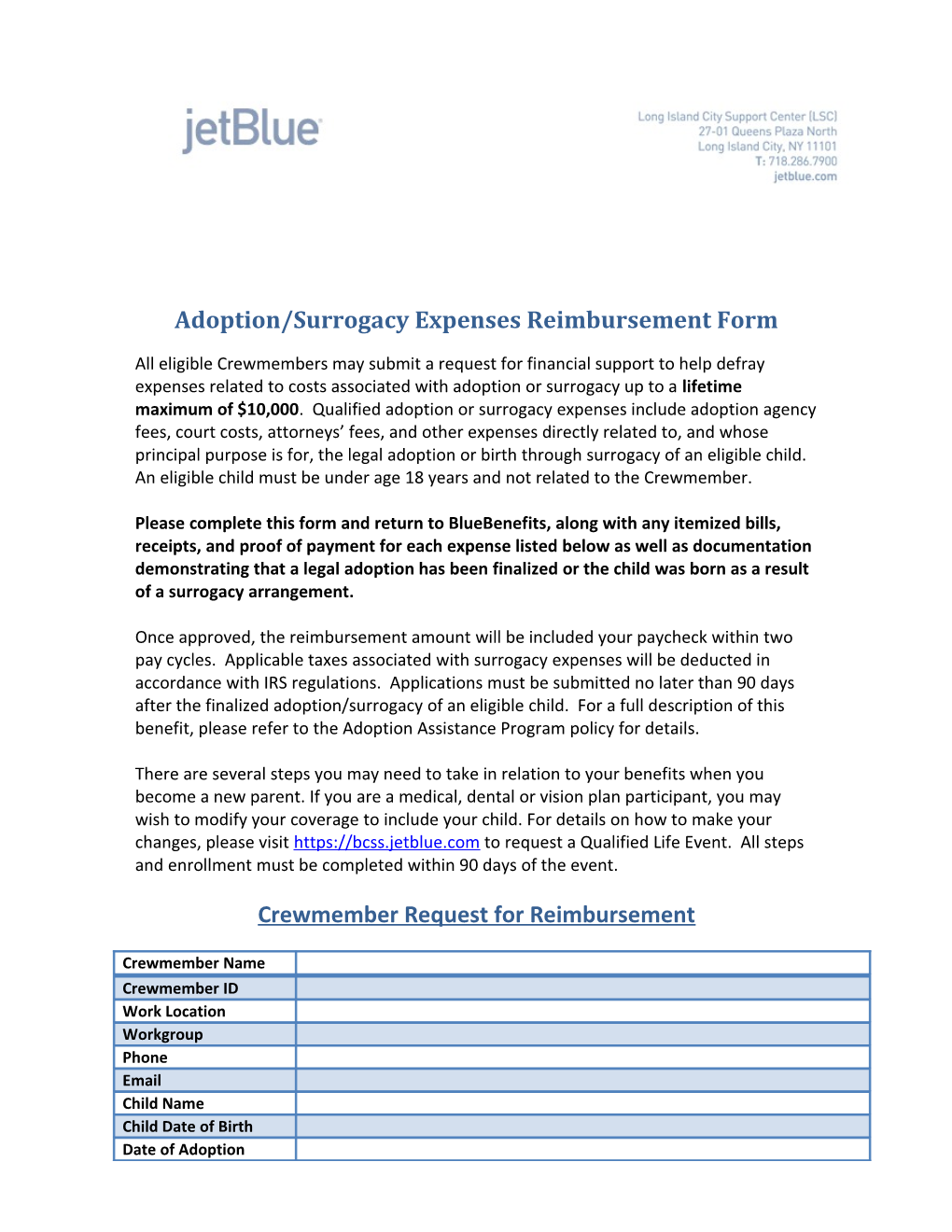 Adoption Assistance Reimbursement Request Form