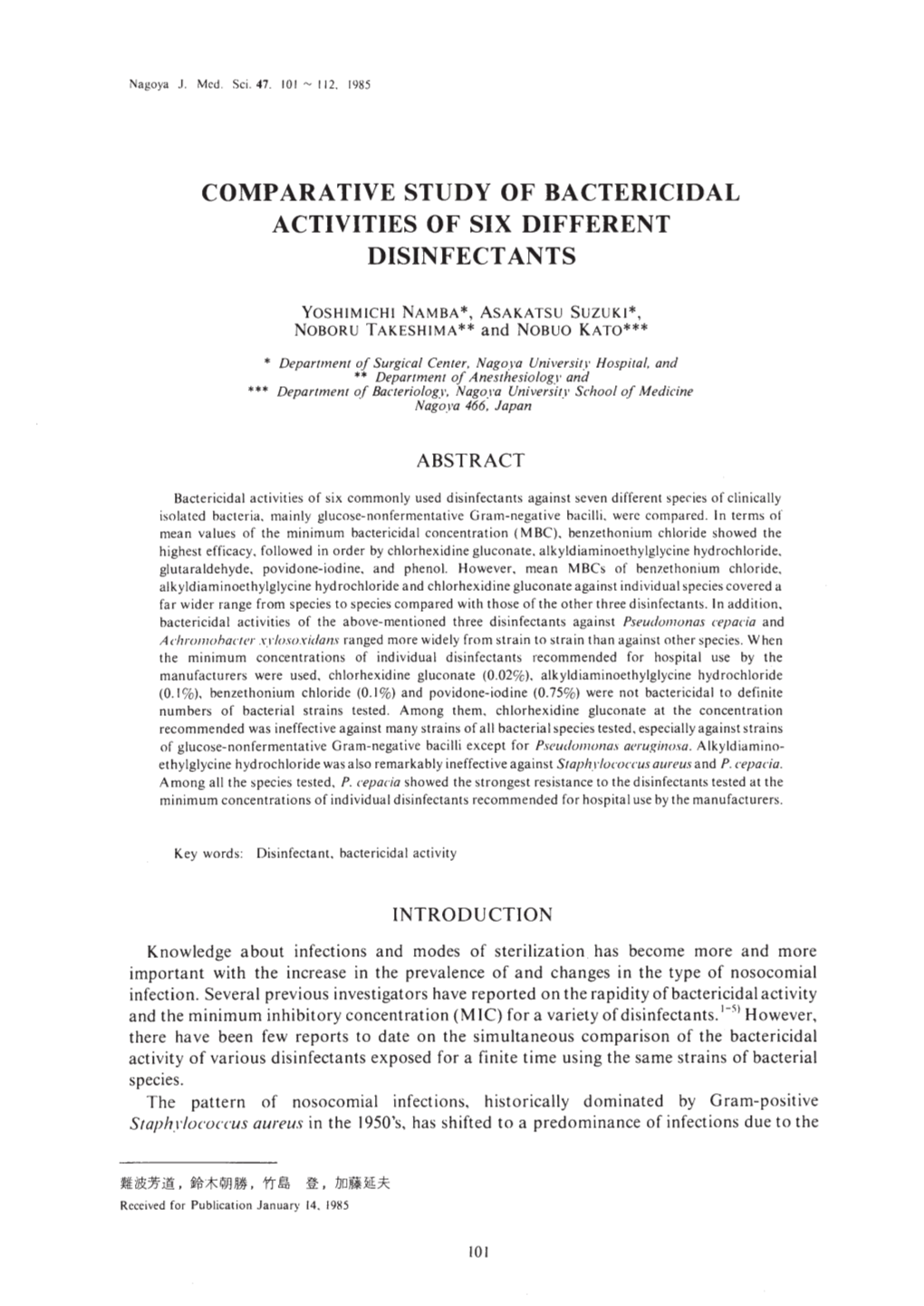 Comparative Study of Bactericidal Activities of Six Different Disinfectants