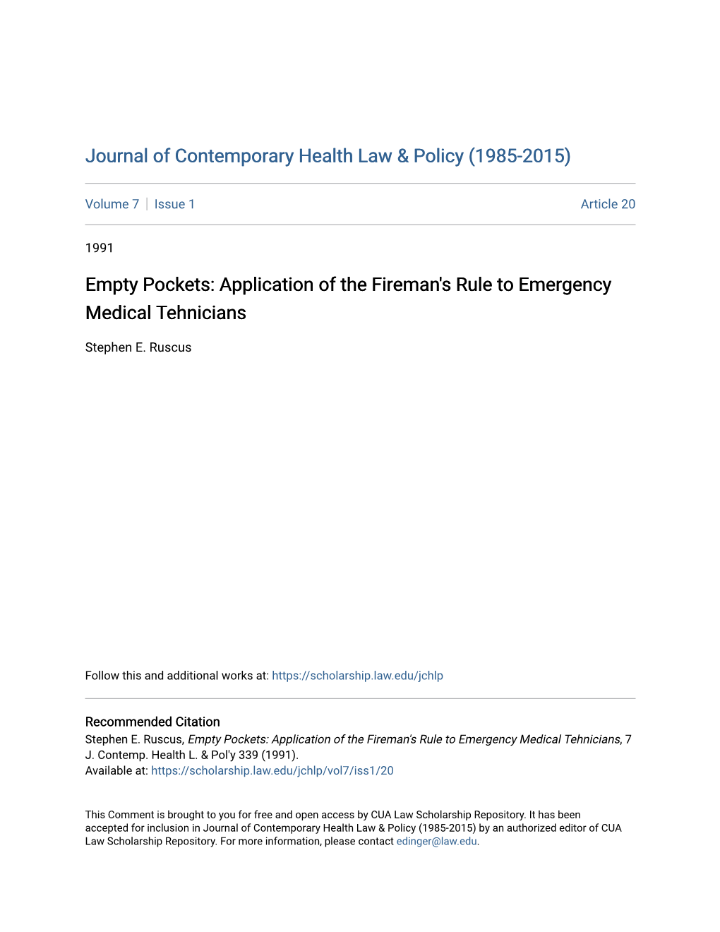 Application of the Fireman's Rule to Emergency Medical Tehnicians