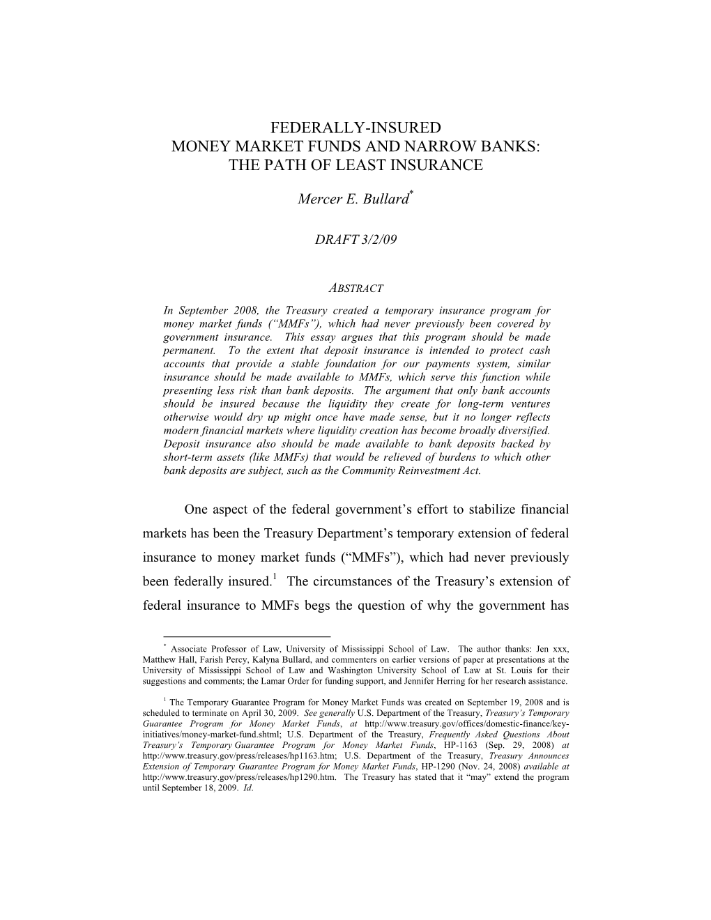 Federally-Insured Money Market Funds and Narrow Banks: the Path of Least Insurance