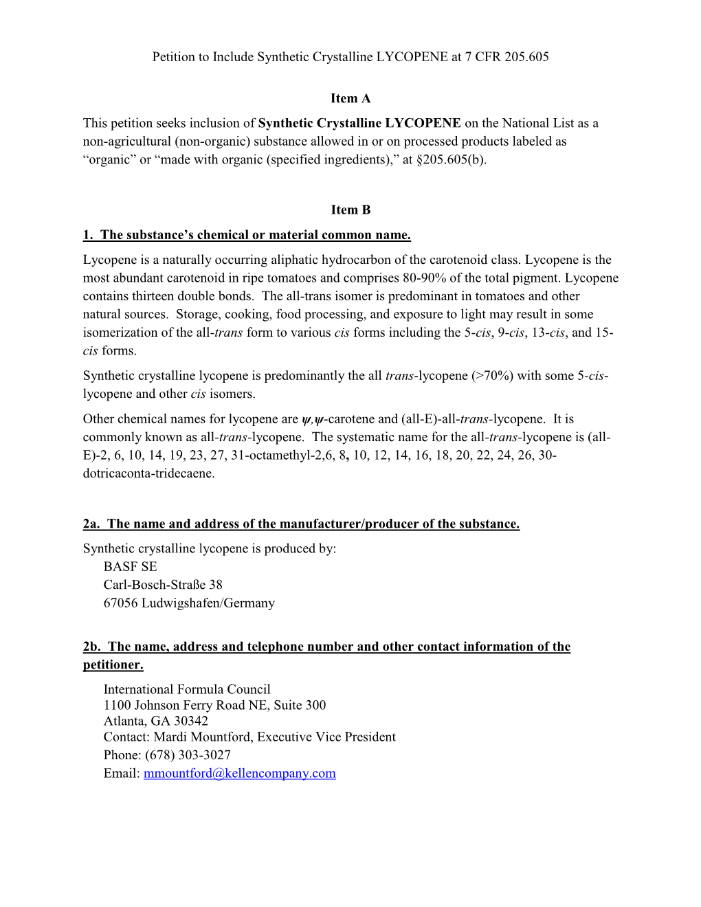 Petition to Include Synthetic Crystalline LYCOPENE at 7 CFR 205.605