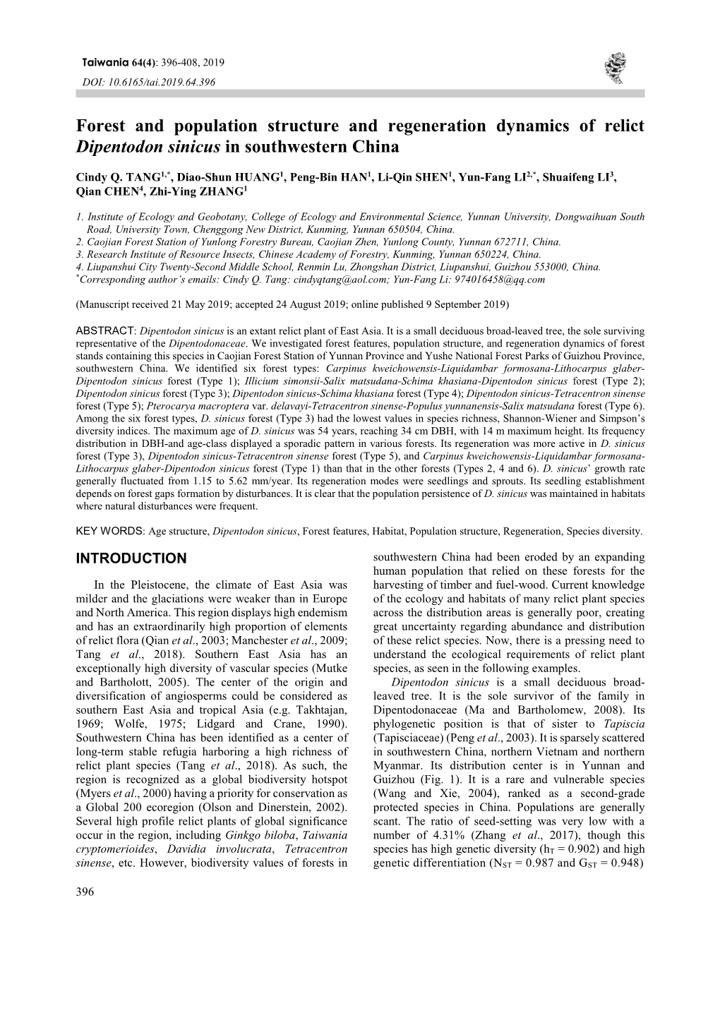 Forest and Population Structure and Regeneration Dynamics of Relict Dipentodon Sinicus in Southwestern China