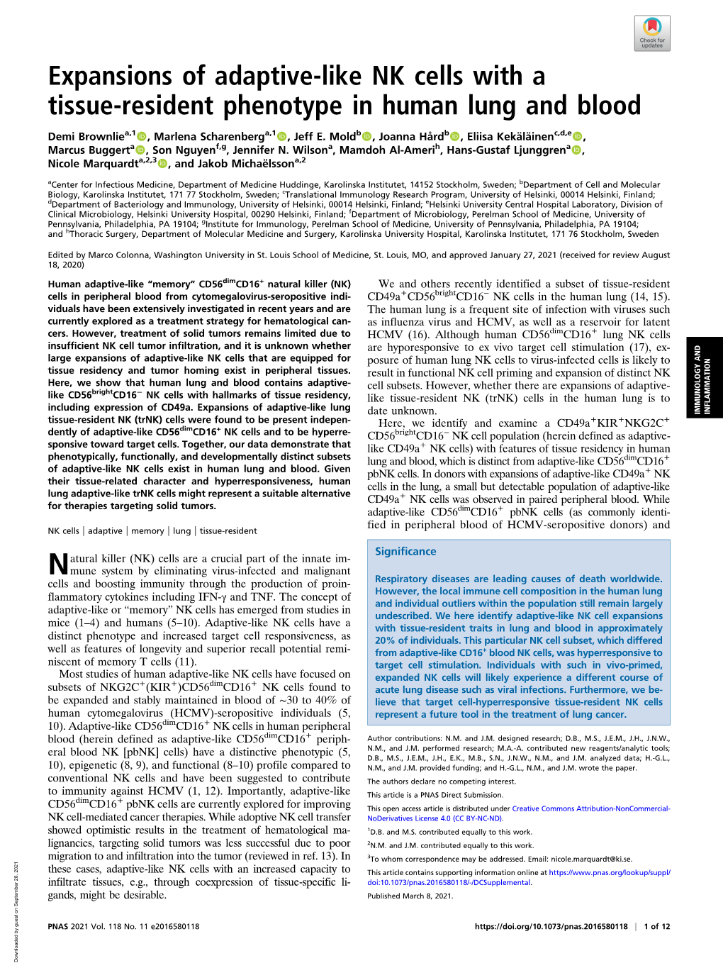 Expansions of Adaptive-Like NK Cells with a Tissue-Resident Phenotype in Human Lung and Blood