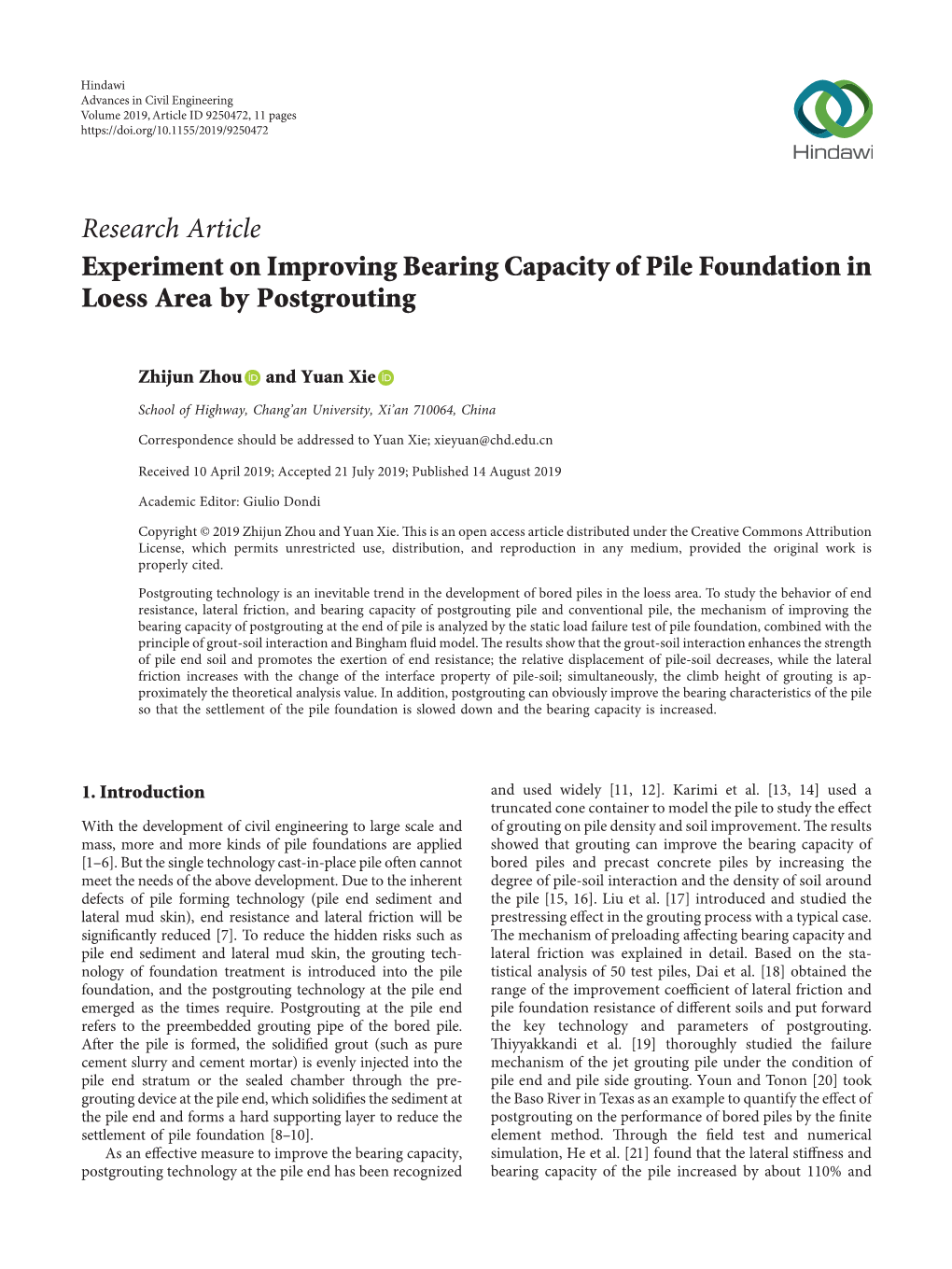 Research Article Experiment on Improving Bearing Capacity of Pile Foundation in Loess Area by Postgrouting