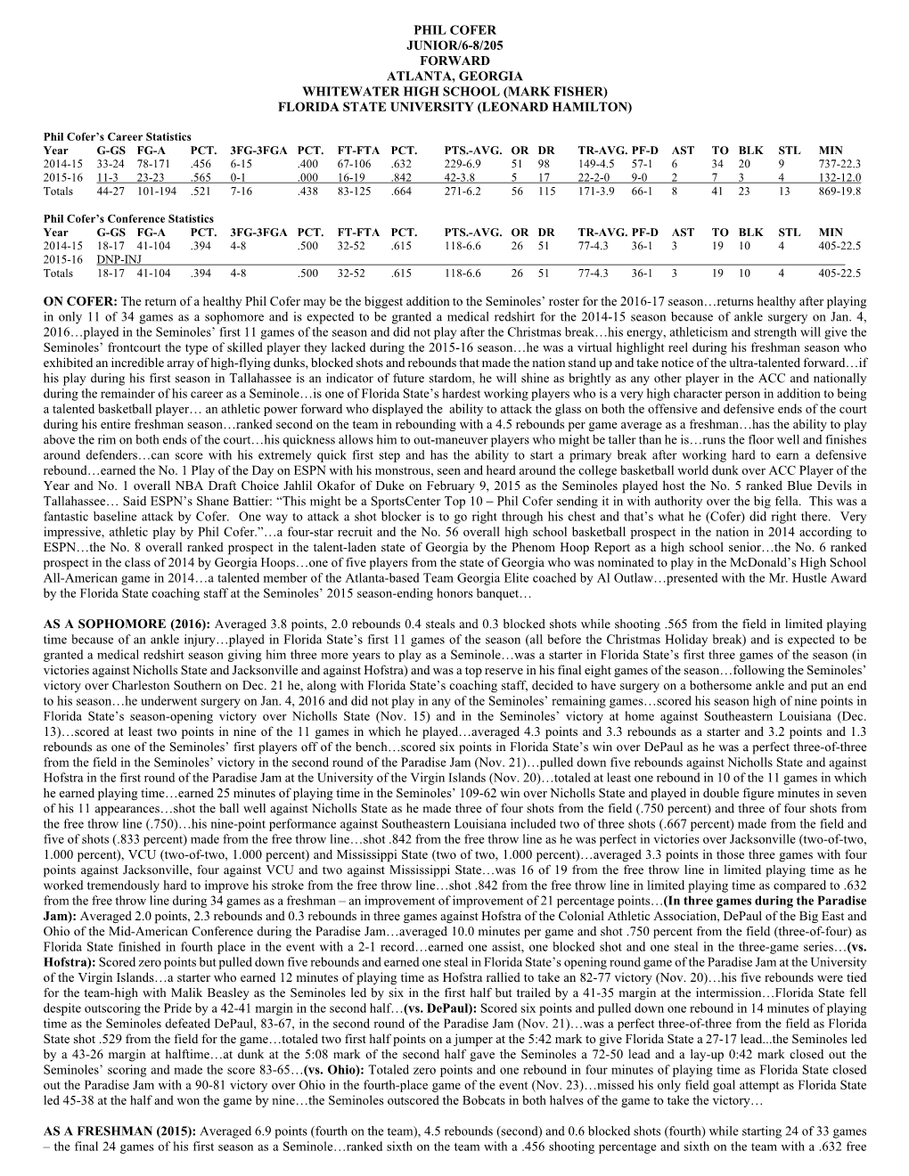 Phil Cofer Junior/6-8/205 Forward Atlanta, Georgia Whitewater High School (Mark Fisher) Florida State University (Leonard Hamilton)