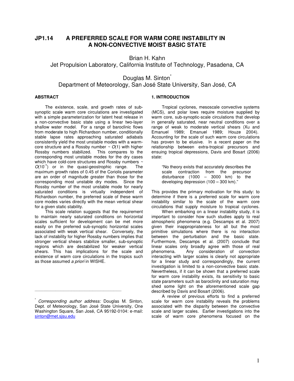 1 Jp1.14 a Preferred Scale for Warm Core Instability in A