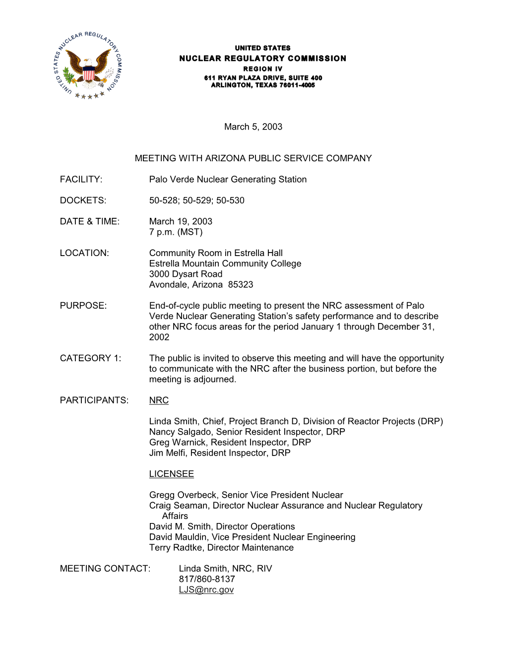 03/19/2003 Notice of End-Of-Cycle Meeting with Arizona Public Service