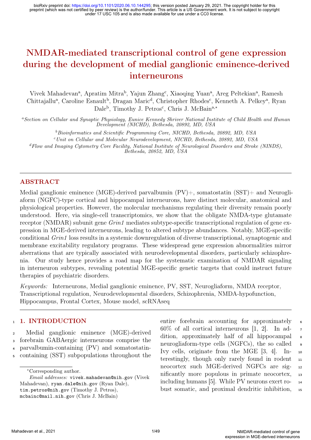 NMDAR-Mediated Transcriptional Control of Gene Expression During the Development of Medial Ganglionic Eminence-Derived Interneurons