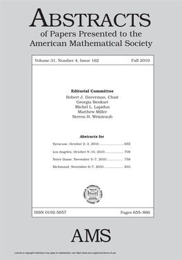 Abstracts for 18 Category Theory; Homological 62 Statistics Algebra 65 Numerical Analysis Syracuse, October 2–3, 2010