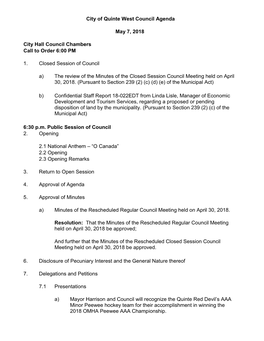 City of Quinte West Council Agenda May 7, 2018 City Hall Council