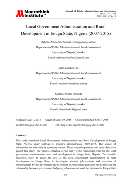 Local Government Administration and Rural Development in Enugu State, Nigeria (2007-2015)