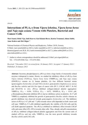 Interactions of PLA2-S from Vipera Lebetina, Vipera Berus Berus and Naja Naja Oxiana Venom with Platelets, Bacterial and Cancer Cells