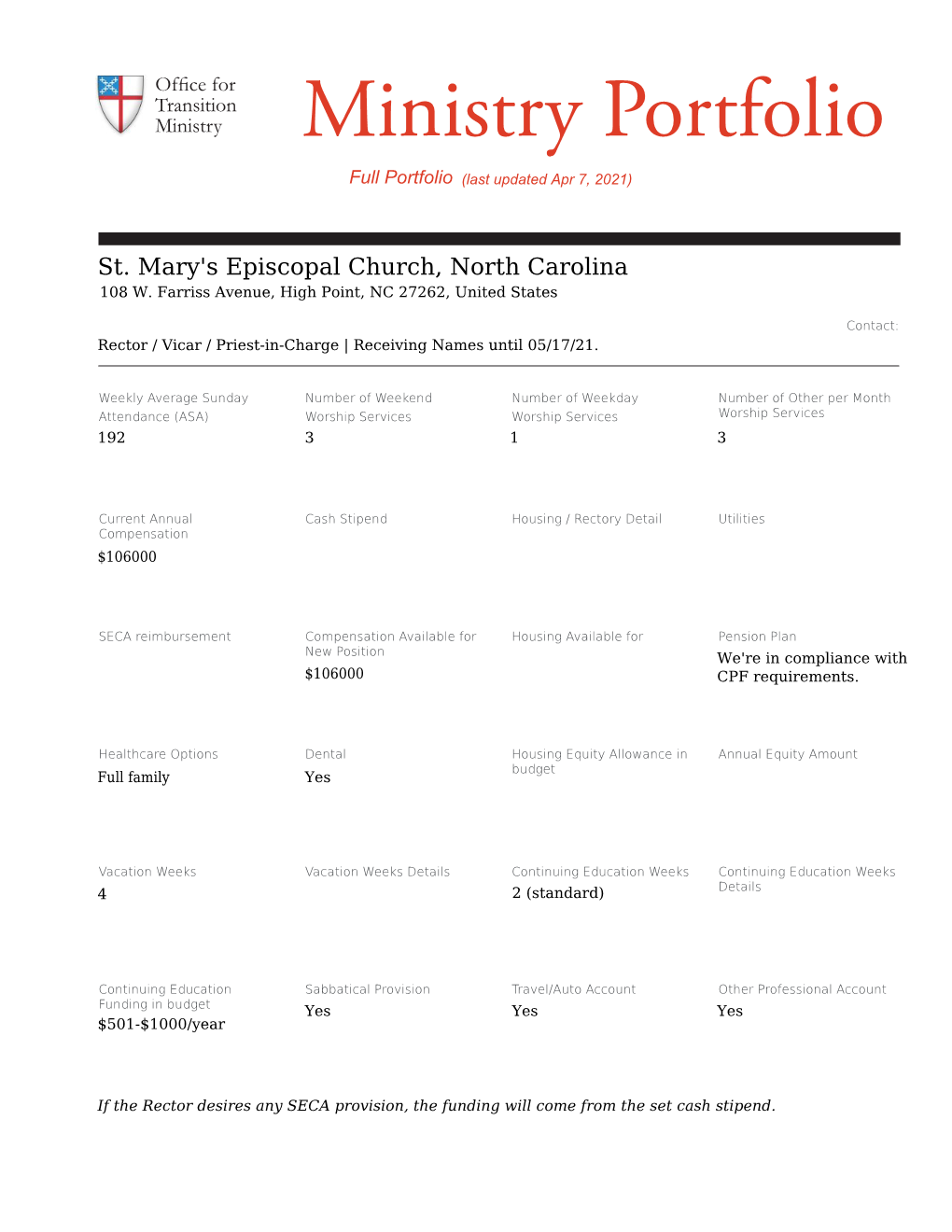 Ministry Portfolio Full Portfolio (Last Updated Apr 7, 2021)