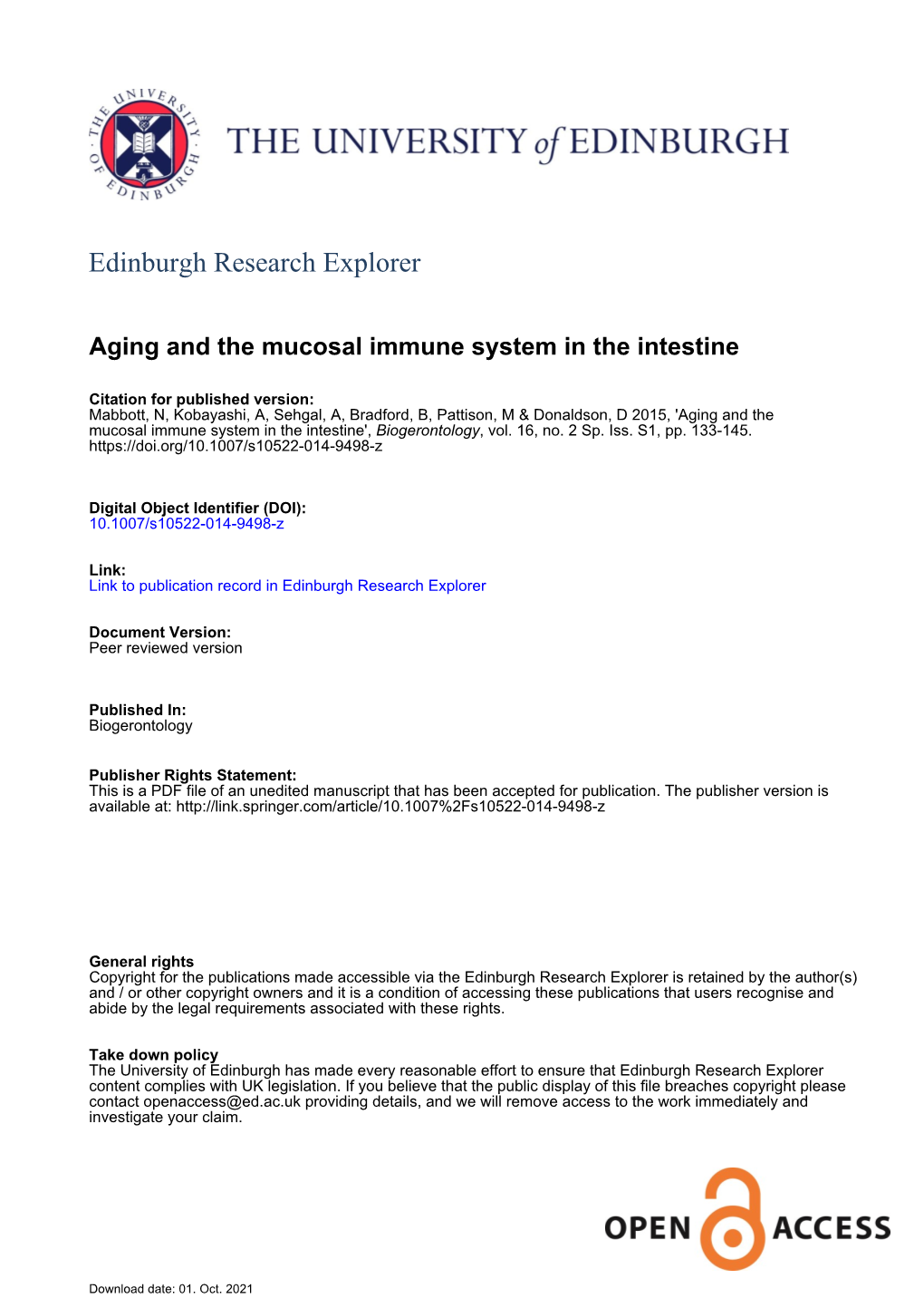 Aging and the Mucosal Immune System in the Intestine