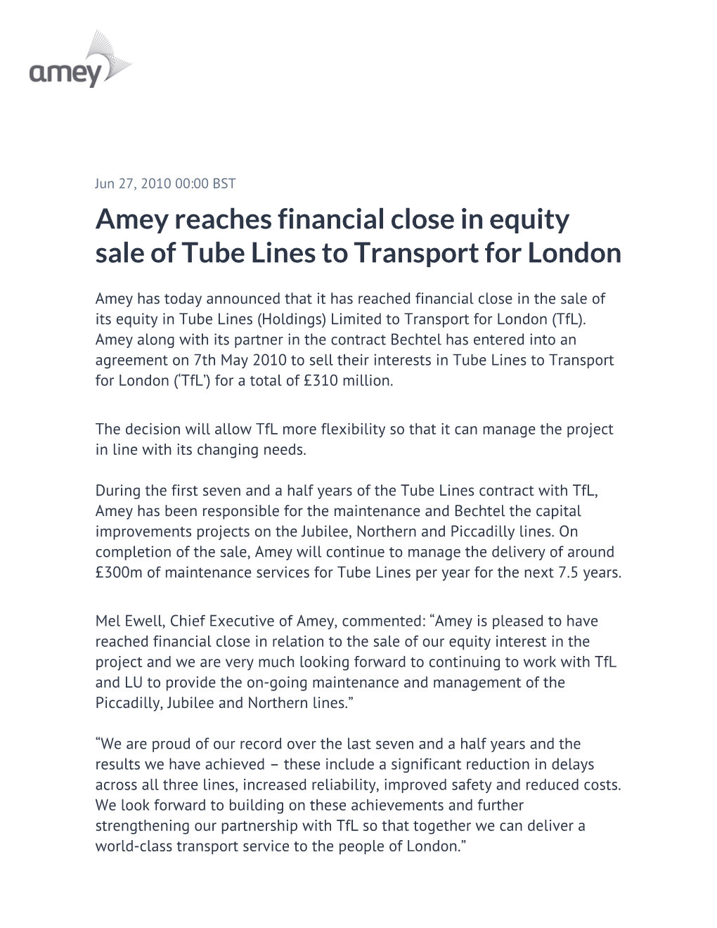 Amey Reaches Financial Close in Equity Sale of Tube Lines to Transport for London