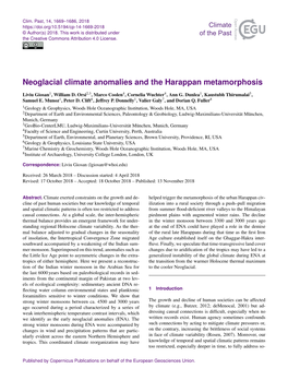 Neoglacial Climate Anomalies and the Harappan Metamorphosis