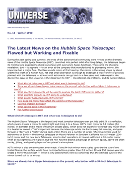 The Latest News on the Hubble Space Telescope: Flawed but Working and Fixable