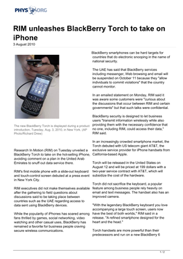 RIM Unleashes Blackberry Torch to Take on Iphone 3 August 2010