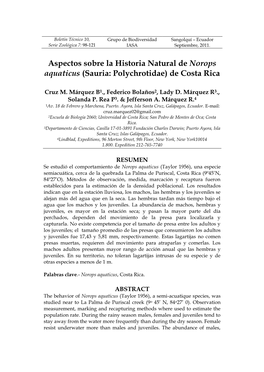 Aspectos Sobre La Historia Natural De Norops Aquaticus (Sauria: Polychrotidae) De Costa Rica